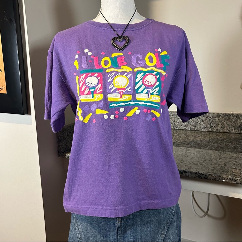 Vintage 80s I love golf Puff Print Colorful Medium Graphic T-shirt